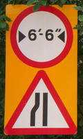 [Road narrows on left] [6′-6″ width limit]