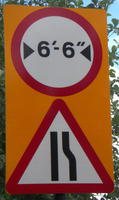 [Road narrows on right] [6′-6″ width limit]